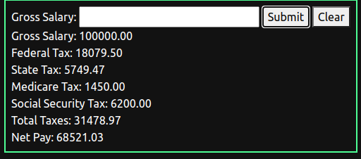 screenclip of the tax calculator with results